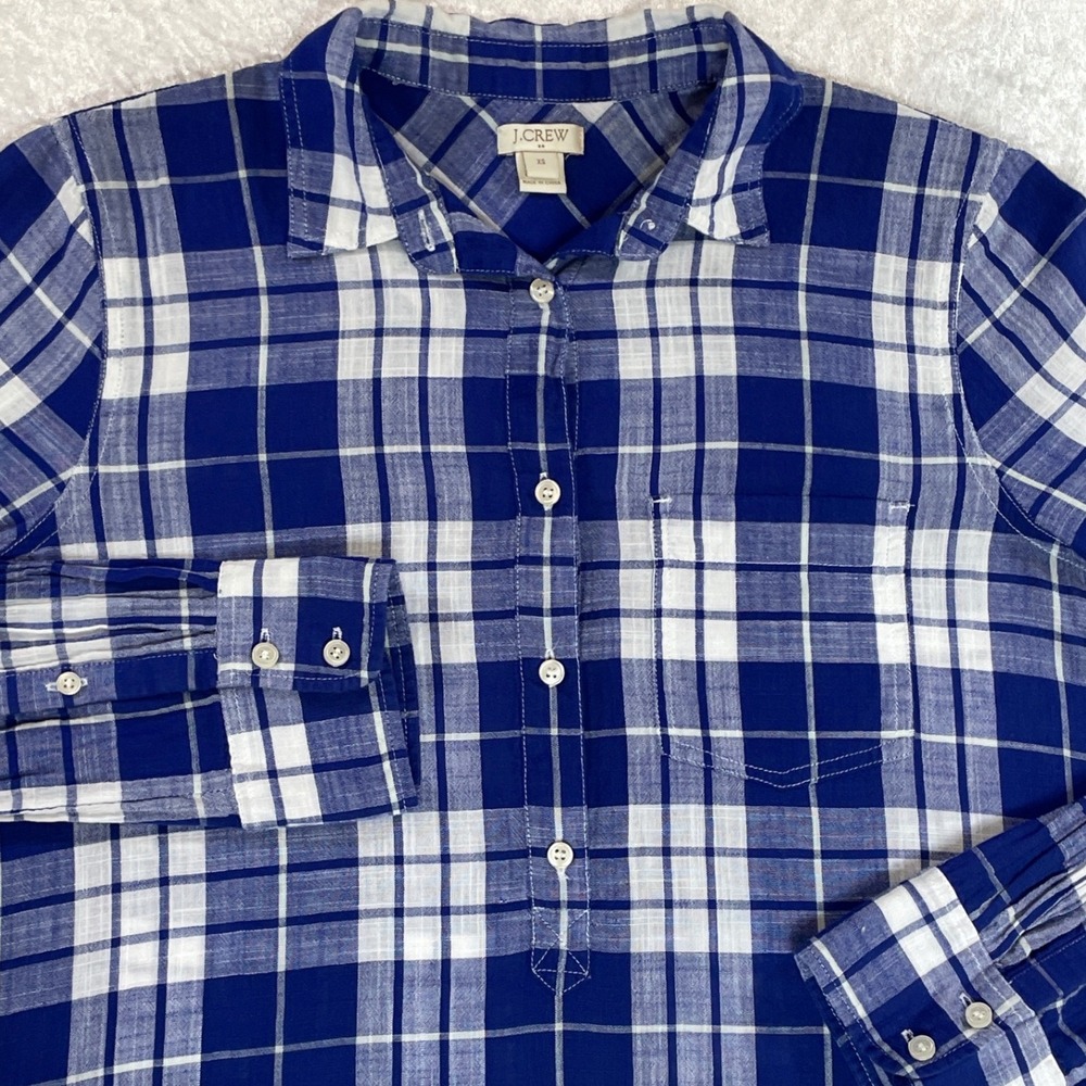 J.Crew Popover Shirt Women XS Blue White Excellent Plaid Cotton C3545
